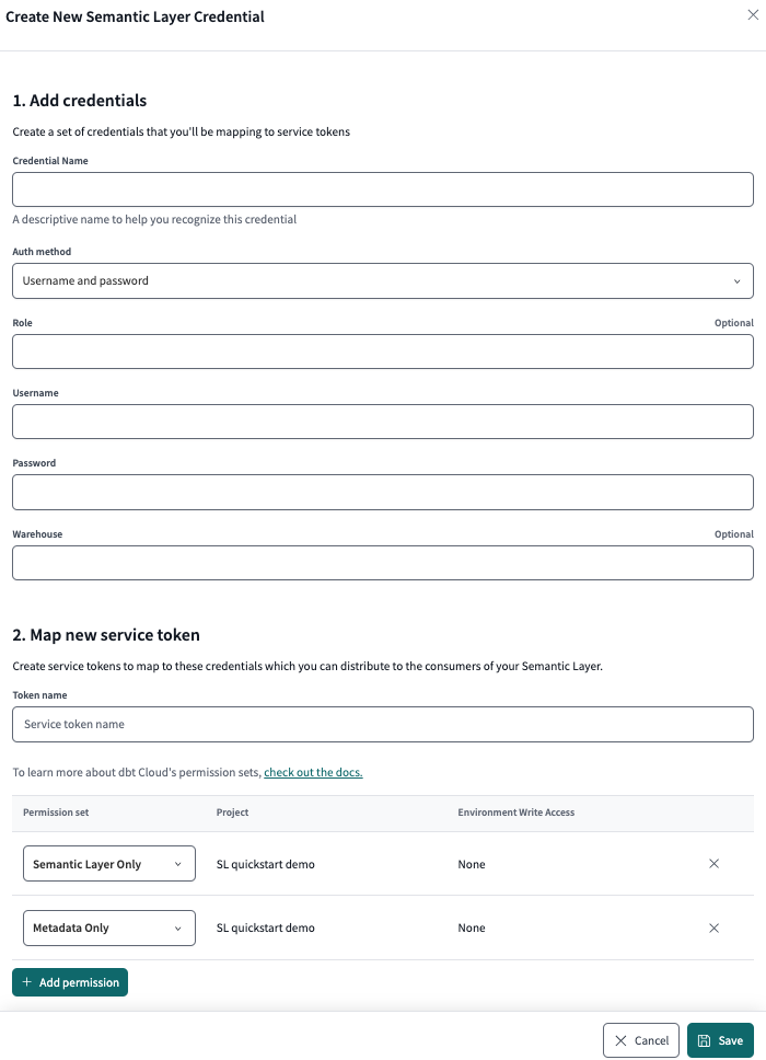 Add credentials and map them to a service token. 